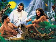 Dieu (J�sus) en compagnie d'Adam et Eve dans le jardin d'Eden